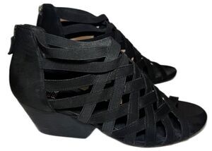 Eileen Fisher Oodle Black Nubuck Leather Cage Wedge Sandals Back Zip Size 8